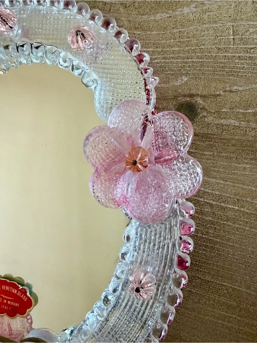 1950s Vintage Italian Venetian Hand-Blown Pink Floral Murano Glass Hand Mirror